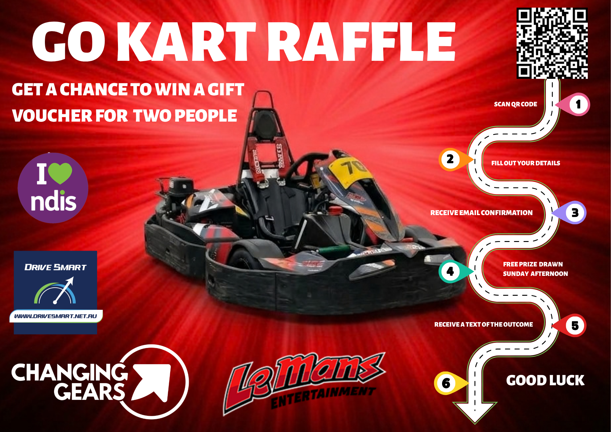 Go Kart Raffle poster: get a chance to win a gift voucher for two people. Scan the QR code, fill out your details, receive email confirmation, free prize drawn Sunday afternoon, receive a text of the outcome. Logos for Changing Gears, DriveSmart, Le Mans Entertainment and NDIS.